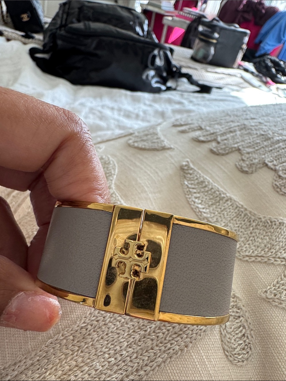 Tory Burch Gold-Tone and Gray Logo Cuff Bracelet Brand New Never Worn !